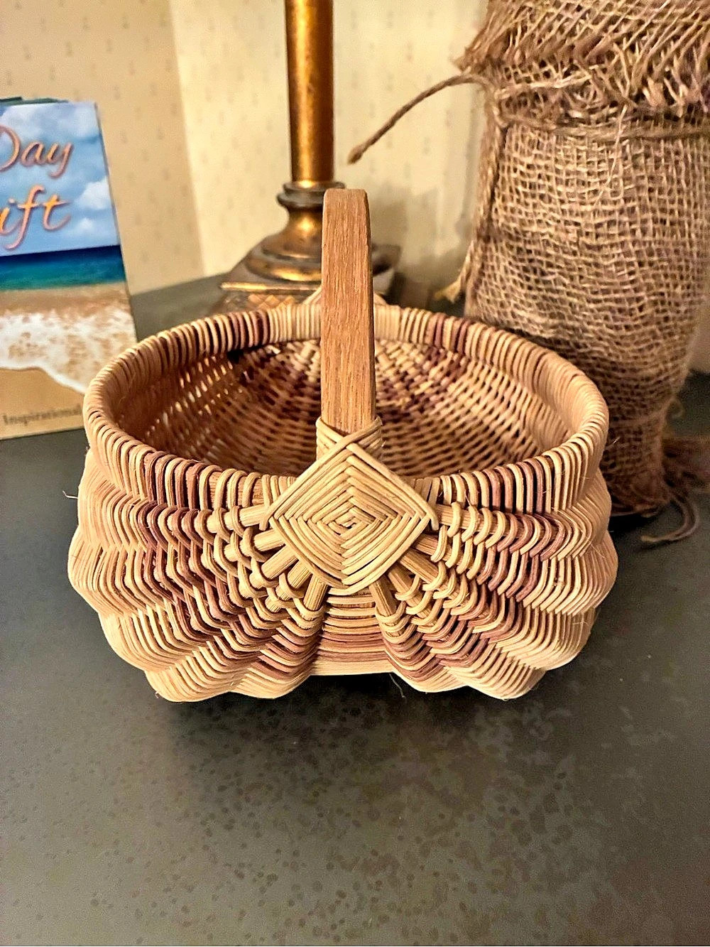 HANDWOVEN Egg Basket, GOD’S EYE weaving pattern on the sides with wooden handle.